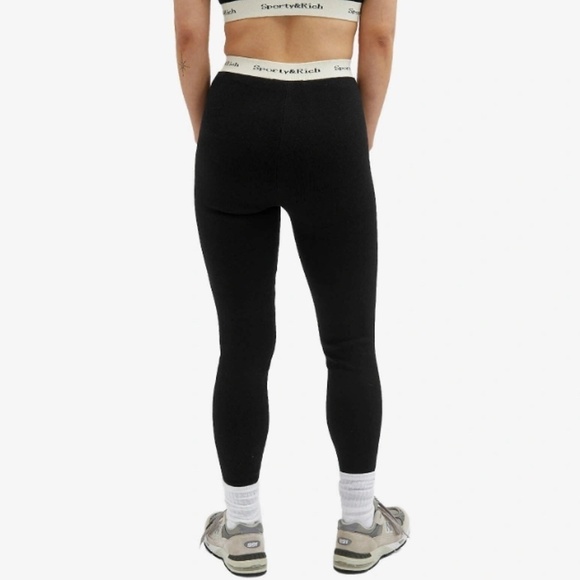Sporty & Rich Serif Logo Knit Legging and Bra Set Black and White Small - Picture 2 of 12
